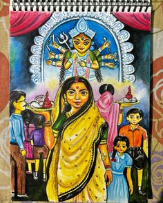 #oilpastelart Durga Puja Festival Drawing, Durga Puja Composition Drawing, Durga Painting For Kids, Durga Puja Scenery Drawing, Durgapuja Drawing, Durga Puja Drawing For Kids, Durga Puja Painting, Dussehra Poster, Durga Puja Drawing