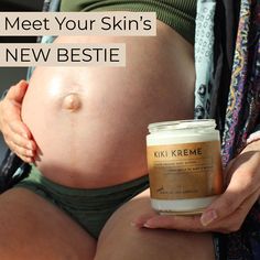 a pregnant woman holding a jar of skin care product in her hand with the caption meet your skin's new bestie