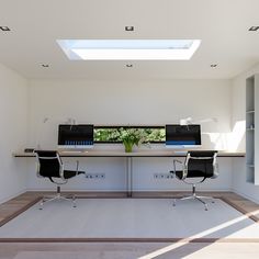 an office with two computer screens on top of the desk, and a plant in front of it