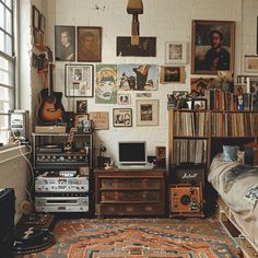 An eclectic bedroom that showcases the owner's collections and hobbies, with a vintage record player and a wall of album covers, a display of antique cameras, and a cozy corner for playing musical instruments1 Bedroom Floating Shelf, Floating Shelf Ideas, Eclectic Bedroom Design, Eclectic Decor Bedroom, Bedroom Eclectic, Boys Room Design, Deco Bedroom, Clean Look, Living Room Loft