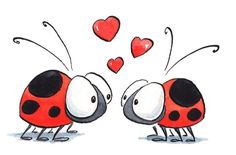 two ladybugs with hearts flying above them