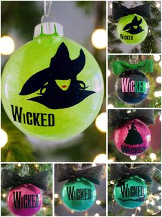 christmas ornaments with witches on them and the words wickened in different colors hanging from a tree