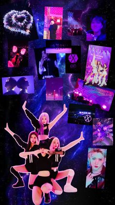 the collage shows photos and images of two women in black outfits, one with her arms up