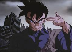 an animated image of a young gohan holding his hand up to the side with one eye open