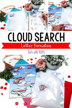 a poster with the words cloud search written on it and flowers in vases next to it