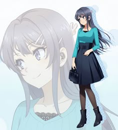 an anime character with long hair and blue eyes holding a handbag in front of her face