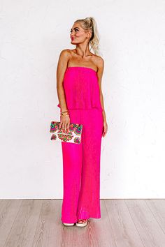 pink pleated jumpsuit, strapless Strapless Jumpsuits And Rompers For Summer Evenings, Flirty Jumpsuits And Rompers For Date Night, Chic Strapless Jumpsuit For Going Out, Strapless Summer Evening Jumpsuits And Rompers, Strapless Evening Jumpsuits And Rompers For Summer, Glamorous Jumpsuits And Rompers For Spring Date Night, Elegant Strapless Jumpsuit For Beach, Strapless Jumpsuit For Date Night In Spring, Glamorous Summer Jumpsuits And Rompers For Date Night