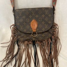 Customized Louis Vuitton Saint Cloud Crossbody. Custom Tooled Leather Strap (Has My Initials Ca), With Black And Brown Fringe. Brown Fringe, Tooled Leather, Louis Vuitton Bags, Leather Tooling, Louis Vuitton Bag, Leather Straps, Black And Brown, Initials, Louis Vuitton