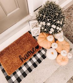 a welcome mat with pumpkins and gourds sitting on the front door steps