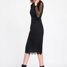 Satin Dress With Round Neck And Long Semi-Sheer Sleeves. Lace Trim At Hem. Back Hidden In-Seam Zip Closure. Size S. Main Fabric: 100% Polyester Approx Measurement: Shoulder:14.5" Pit To Pit: 18" Length: 46" Formal Long Sleeve Midi Dress With Lace Trim, Long Sleeve Lace Trim Bodycon Dress, Elegant Long Sleeve Bodycon Dress With Lace Trim, Fitted Midi Dress With Lace Trim For Night Out, Elegant Winter Dresses With Lace Trim, Chic Sheath Mini Dress With Lace Trim, Bodycon Long Sleeve Lace Dress, Fall Midi-length Lace Dress With Lace Trim, Long Sleeve Lace Trim Bodycon Party Dress