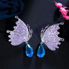 Beautiful Purple Cubic Zircon Dangle Drop Butterfly Wings Earring , Very Stylish , Perfect Gift For The Holidays , Mother's Day , Engagement , Birthday , Bridesmaids Gifts! Jewelry Is Always The Perfect Gift. Accessories Model, Big Butterfly, Wedding Bride Jewelry, Butterfly Wing Earrings, Butterfly Wing, Stone Material, Cz Jewelry, Wing Earrings, Butterfly Shape