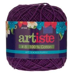 purple ball of artisane yarn with flowers on the front and bottom, in dark purple