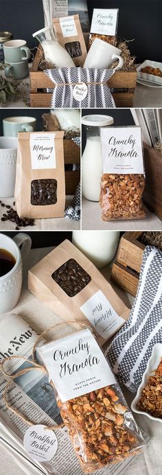 several different pictures of granola and milk on a table with napkins, coffee cups, and spoons