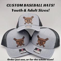 "Personalized custom team hats, work great for baseball, softball, tee ball, coed, etc! Discount is available for multiple hat orders, please message directly for a team quote! These hats are premium-grade snap-back hats with high-quality engraved leatherette patches made with your customization. Personalize these any way you would like! Our hats are snap-back styles that are meant to fit most L/XL adults and are the popular brand name \"112\" trucker caps.  All hats will be made PERSONALLY by m Trucker Style Baseball Cap With Flat Bill, Sports Fan Hat With Flat Bill For Baseball Season, Sports Fan Flat Bill Hats For Baseball Season, Baseball Season Fan Merchandise Fitted Hat, Fan Merchandise Baseball Cap For Baseball Season, Baseball Season Fitted Snapback Hat For Sports Events, Baseball Season Snapback Fitted Hat, Baseball Season Fan Merchandise Cap, Custom Logo Snapback Hat For Sports Events