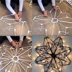 three pictures of people making a snowflake out of paper and stringing it on the floor