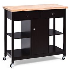 a kitchen island with butcher block top on casteors and wheels, in black finish