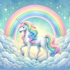 a painting of a unicorn standing on clouds with a rainbow in the background