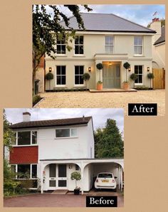 before and after shots of a new build house in the uk, with an attached garage