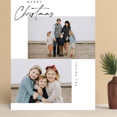 a christmas card with three photos on it and the words merry christmas written in gold