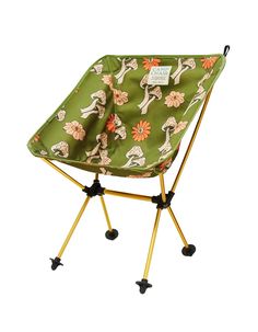 a green and yellow folding chair with an animal print on it's back legs