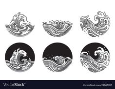 four different waves in the ocean with black and white ink