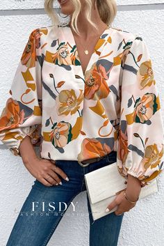 Fisdy - Elegante blusa negra con estampado floral contemporáneo y sofisticado diseño de cuello alto Print Shirts Women, Flower Print Top, Lantern Sleeved Blouses, Black Floral Blouse, White Poppy, Mock Neck Blouse, Floral Print Shirt, Daily Style, Southern Belle