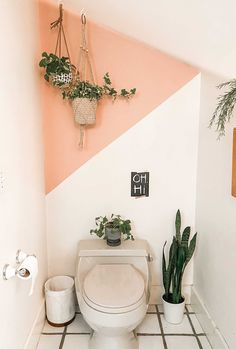 a white toilet sitting inside of a bathroom next to a potted plant on the wall