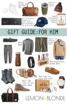 the gift guide for him includes items that include shoes, hats, and other accessories