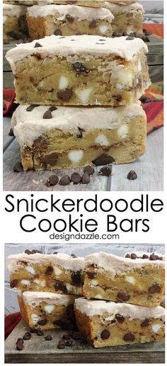 three different pictures of cookies and bars with chocolate chips on top, one is cut in half