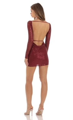 Emory Sequin Long Sleeve Bodycon Dress in Red | LUCY IN THE SKY Hoco Dresses Tight Red, Dark Red Hoco Dress, Red Hoco Dress Short, Short Red Dress Formal, Homecoming Dresses Sleeves, Hoco Dress Short, Tight Lace Dress, Red Hoco Dress, Semi Dresses