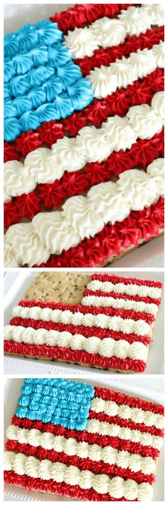 the american flag cake is made with red, white and blue icing on it