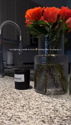 a vase filled with red roses sitting on top of a counter next to a faucet