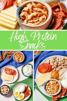 the ingredients for high protein snacks are displayed in three different pictures, including eggs, cheese and meats