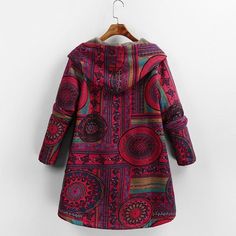 Product Details: Geometric print Button fastening Regular fit Material: Cotton Red Floral Print Winter Outerwear, Winter Red Floral Print Outerwear, Winter Patterned Printed Outerwear, Patterned Printed Winter Outerwear, Bohemian Jackets, Floral Coat, Women's Windbreaker, Plush Coat, Look Plus Size