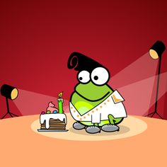 a cartoon frog holding a lit candle in front of a birthday cake on a table