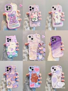 several pictures of different cell phones with cartoon characters on them, one is purple and the other is pink