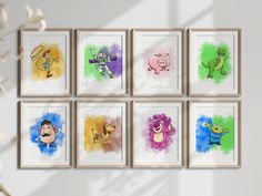 six watercolor paintings of cartoon characters are hanging on the wall next to a plant