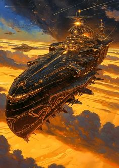 a futuristic ship floating in the sky above clouds