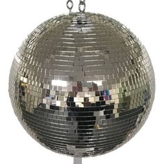 a silver disco ball hanging from a metal chain on a white background with reflection of people in the mirror