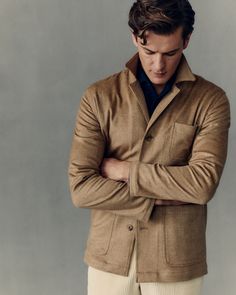 We have taken the unmistakable look of the Carpenter Jacket and given it an elevated interpretation, with a pure cashmere Italian cloth woven in a subtle camel check.

Blending the original functionality of its design with a more metropolitan sensibility, our jacket sports two useful front patch pockets plus a breast pocket, and features real horn buttons.

For transitional seasons where comfortable, easy layering is essential, this jacket is a functional, elegant wardrobe addition. Carpenter Jacket, Elegant Wardrobe, Perfect Style, Horn