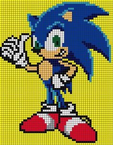 sonic the hedge pixel art is shown on a yellow background with blue and white colors