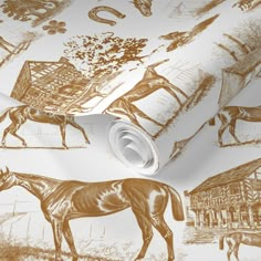 a wallpaper with horses and farm scenes on it's white background, including brown ink