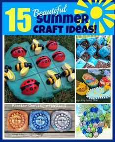 the cover of 15 beautiful summer craft ideas, with pictures of ladybugs and sunflowers