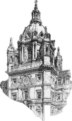 an ink drawing of a building with a clock on it's tower and dome