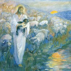 a painting of jesus holding a lamb in front of a flock of sheep by the water