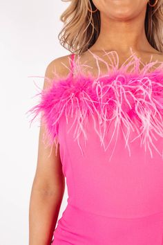 Model is 5'7" and wearing a size medium Polyester/Spandex Adjustable straps Invisible back zipper Feather detail Dry clean Small Medium LargeBust 28" 30" 32"Length 28" 28.5" 29" Hot Pink Fringe Dress, Feather Dress Hot Pink, Vibrant Pink Mini Dress For The Beach, Vibrant Pink Mini Dress For Beach, Spring Pink Mini Dress With Feathers, City Dress, Music City, Pink Outfits, Polyester Spandex