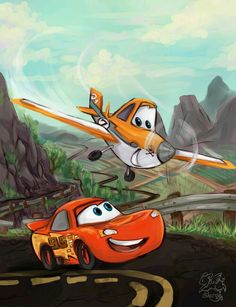 an orange car driving past a cartoon airplane