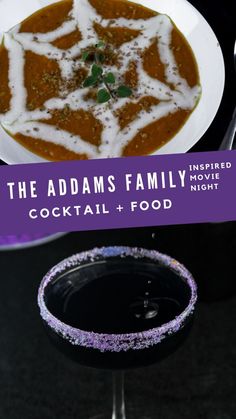 the addams family movie night | the addams family recipes | purple cocktail and cheese pumpkin soup Addams Family Alcoholic Drinks, Halloween Movie Themed Cocktails, Addams Family Drinks, Addams Family Dinner Party, Adams Family Cocktails, Adams Family Party Ideas Food, Addams Family Recipes, Halloween Town Dinner And Movie, Addams Family Cocktail