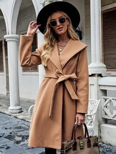 Shawl Collar Double Button Belted Overcoat | EMERY ROSE Western Outfits Women Classy, Dressy Western Outfits, Dressy Western Outfits Women, Preppy Prom, Trendy Business Casual, Business Formal Dress, Western Outfits Women, Women Overcoat, Formal Dresses Gowns