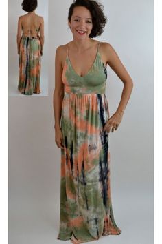 Bear Dance Tie Dye Maxi Dress - Olive/Orange Open Back Maxi Dress, Strappy Maxi Dress, Hand Tie, Tie Dye Pattern, Tie Dye Maxi Dresses, Tie Dye Maxi, Comfy Dresses, Black Maxi Dress, Orange Black